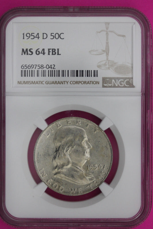 Full Bell Lines 1954 D MS 64 FBL Ben Franklin Half Dollar Silver Coin NGC 945