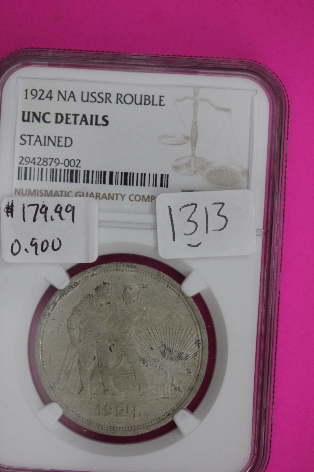 1924 Unc Details USSR Rouble Stained NGC Certified Authentic Genuine Slab 1313