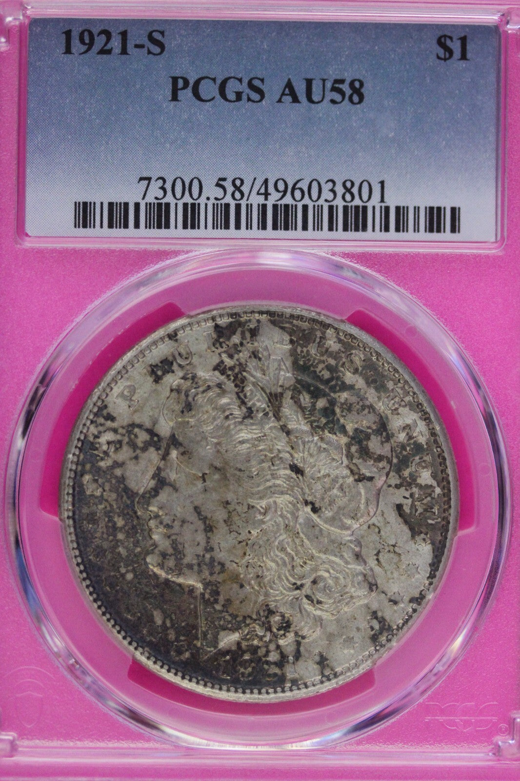 Toned 1921 S AU 58 Morgan Silver Dollar PCGS Graded Certified Authentic Slab 248