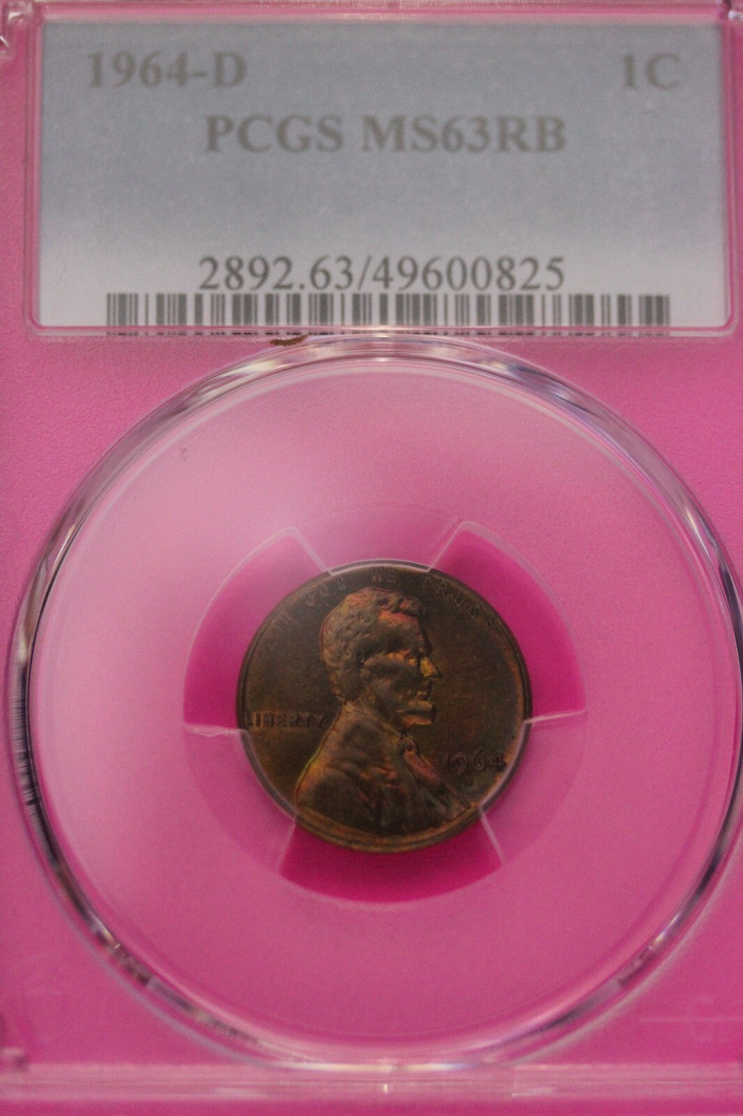 Toned 1964 D MS 63 RB Abraham Lincoln Memorial Cent PCGS Graded Slab 425
