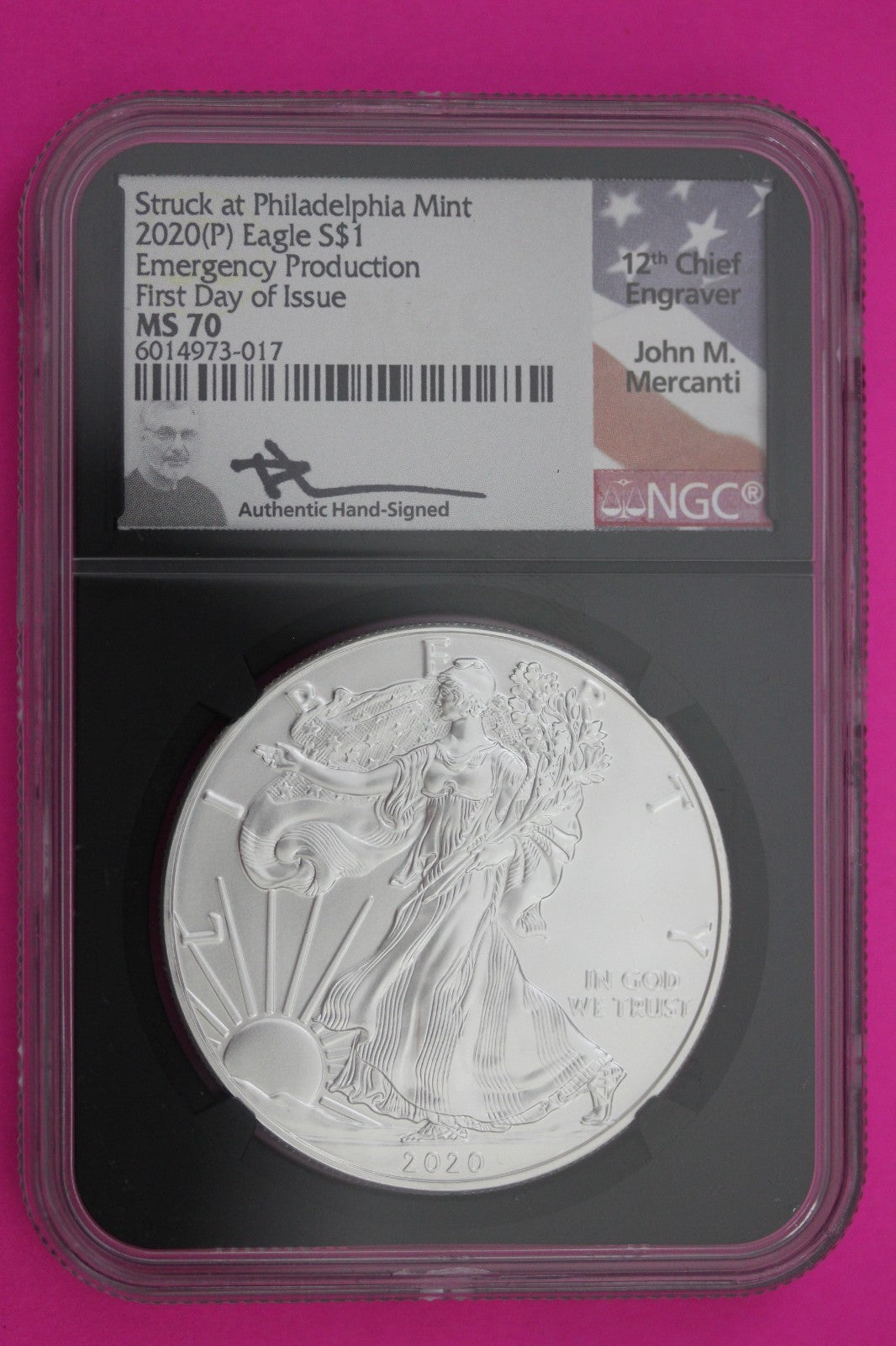 2020 (P) MS 70 Silver Eagle Mercanti Signature Emergency Issue NGC Certified 247